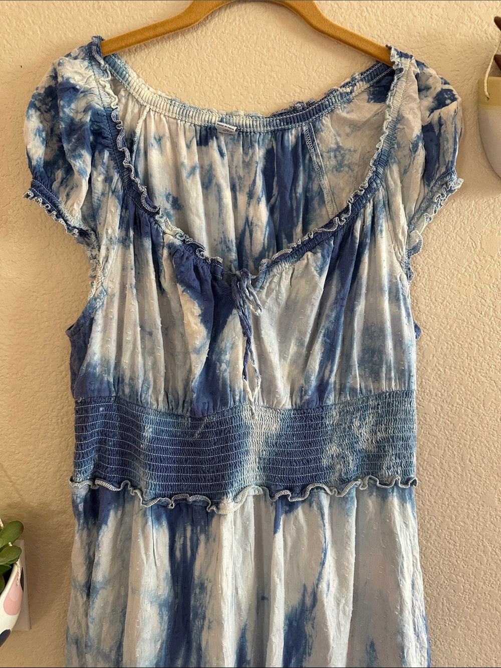 Old Navy Smocked Defined Waist Tie Dye Midi Cotton Dress Swiss Dot